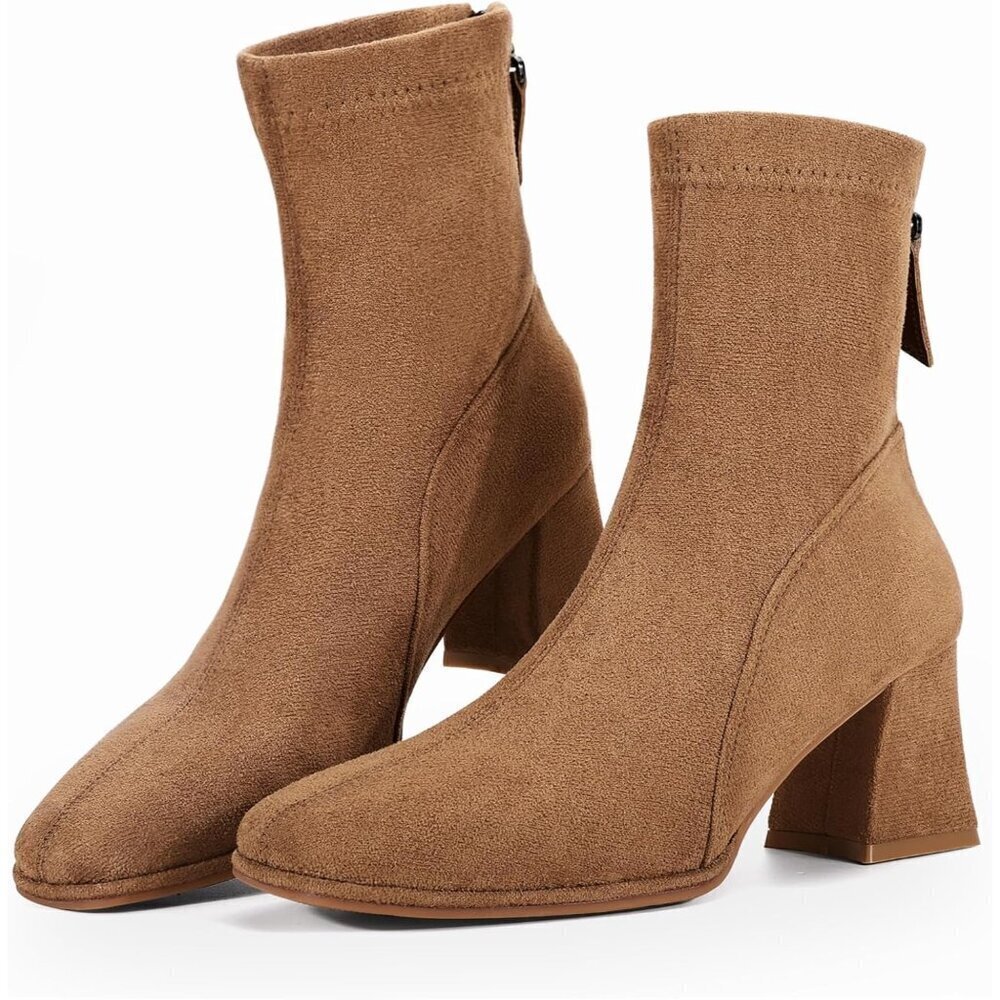 Women's Square Toe Ankle Chestnut Boots Faux Suede Low Block Heel Chelsea Shoes